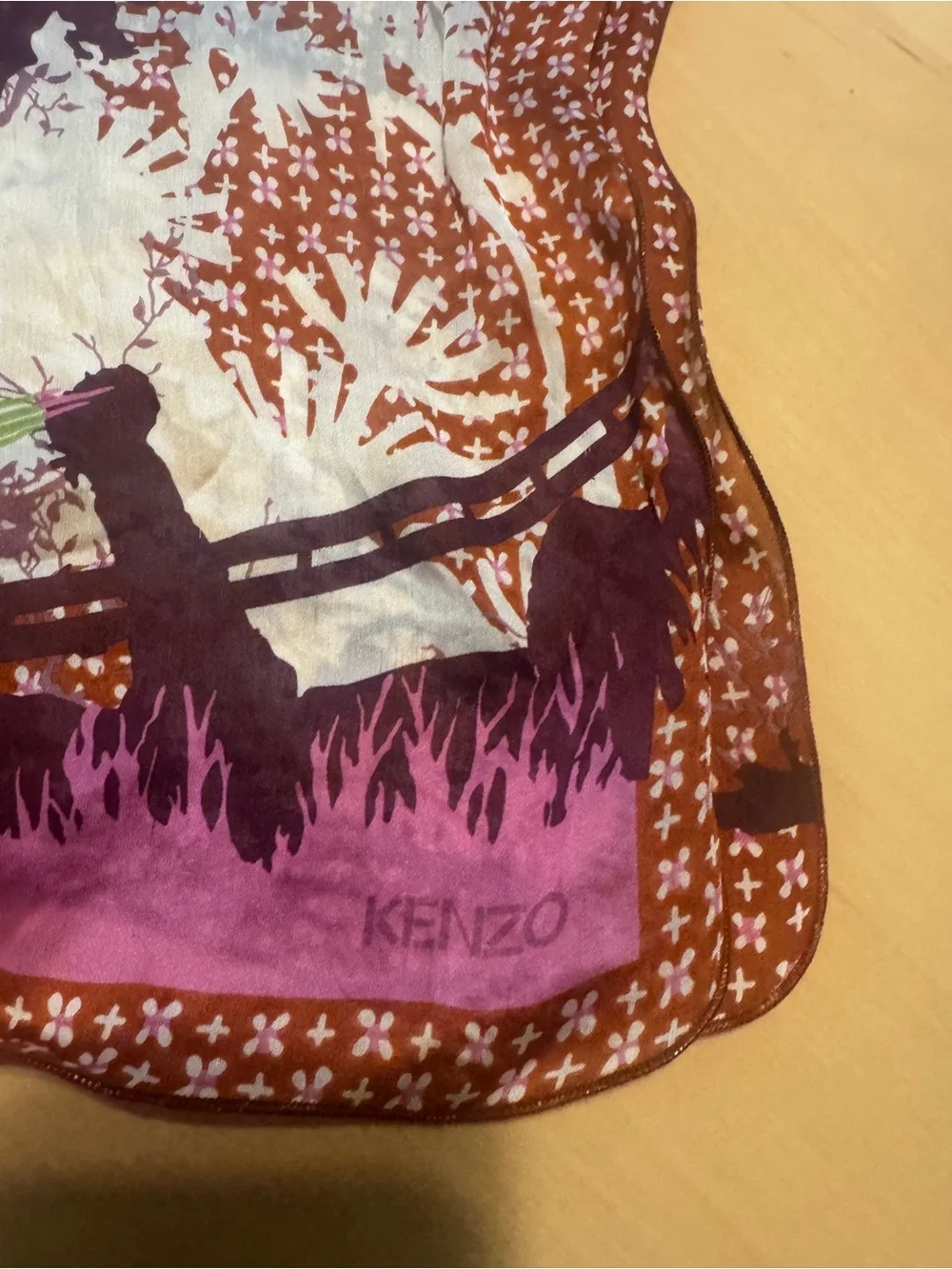 Kenzo Brown, Purple & Pink Graphic Silk Scarf